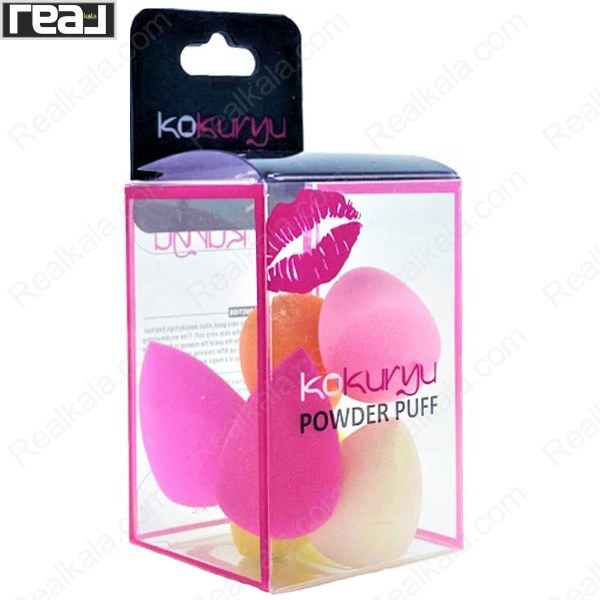 بسته‌بندی Kokuryu Powder Puff با نمایش پد آرایشی اشکی کوچک، بدنه اسفنجی نرم، جعبه شفاف و نام محصول روی بسته