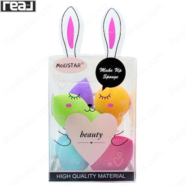 بسته اسفنج آرایشی MeiUSTAR با طراحی خرگوش، اسفنج‌های رنگی و نوشته‌های «Make Up Sponge»، «beauty» و «High Quality Material»