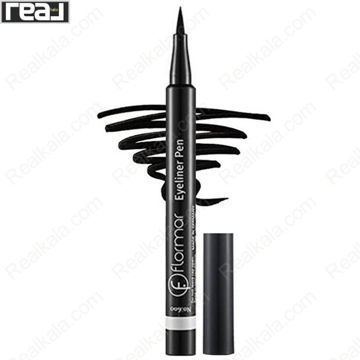 بدنه و نوک نمدی خط چشم ماژیکی ضدآب فلورمار مدل Eyeliner Pen 600 Black همراه با تست خطوط مشکی