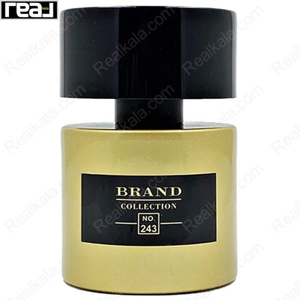 ادکلن برند کالکشن کد 243 کریکه با طراحی استوانه‌ای، بدنه طلایی مات و درپوش مشکی براق بزرگ