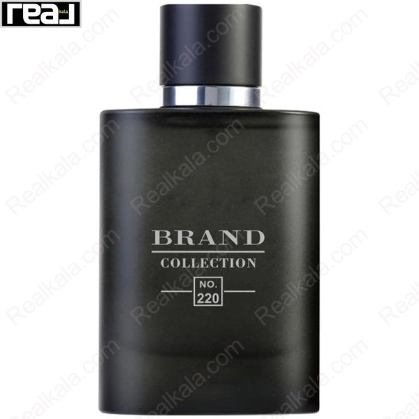 ادکلن برند کالکشن کد 220 آکوا دی جیو پروفومو مردانه با طراحی شیشه مشکی‑مات و درپوش مشکی استوانه‌ای
