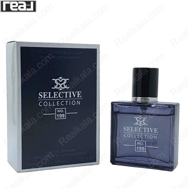 بطری و جعبه ادکلن سلکتیو کالکشن کد 199 مردانه بلو د شنل با طراحی تیره و مینیمال