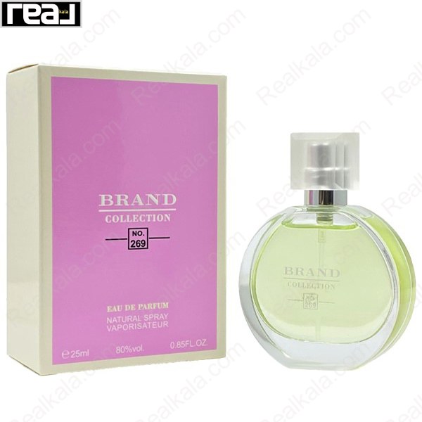 شیشه و جعبه ادکلن برند کالکشن 269 شنل چنس او فرش زنانه با طراحی سبز‑نقره‌ای و بسته‌بندی صورتی