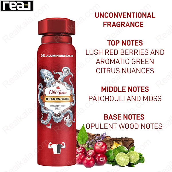 اسپری بدن Old Spice Krakengard با رایحه میوه‌های قرمز مرکبات و نت‌های چوبی