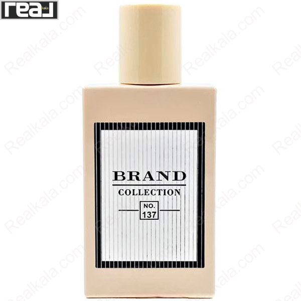 ادکلن برند کالکشن کد 137 گوچی بلوم زنانه با بطری مستطیلی کرم‌رنگ، درپوش هم‌رنگ و لیبل راه‌راه با حاشیه مشکی