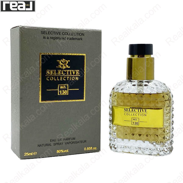 بطری و جعبه ادکلن سلکتیو کالکشن کد 130 مردانه Valentino Uomo با طراحی شیشه‌ای بافت‌دار و مایع کهربایی