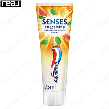 خمیردندان آکوافِرش Senses Energising با طعم گریپ‌فروت، لیمو و نعنا برای ایجاد انرژی، طراوت و پاکسازی مؤثر دهان و دندان
