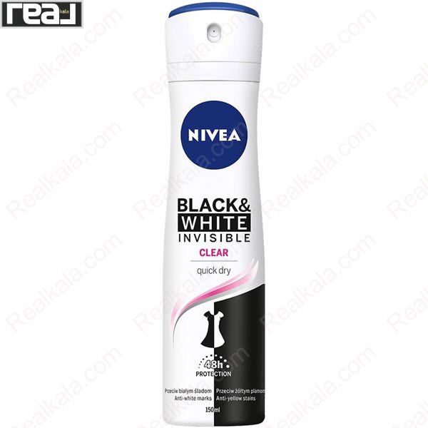 اسپری ضد تعریق نیوا Black & White Invisible CLEAR زنانه با محافظت 48 ساعته، فرمول Quick Dry و بدون ایجاد لکه روی لباس