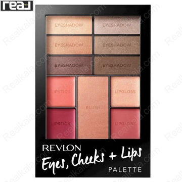 پالت Revlon Romantic Nudes شماره 100 با چیدمان سایه چشم، بلاش، رژلب و براق‌کننده لب در قاب مشکی