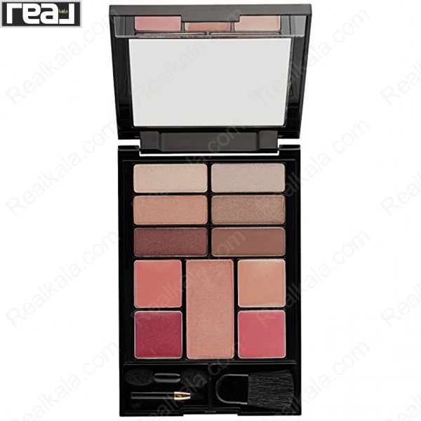 نمای داخلی پالت Revlon Romantic Nudes شماره 100 با خانه‌های سایه چشم، بلاش، محصولات لب و سه براش همراه