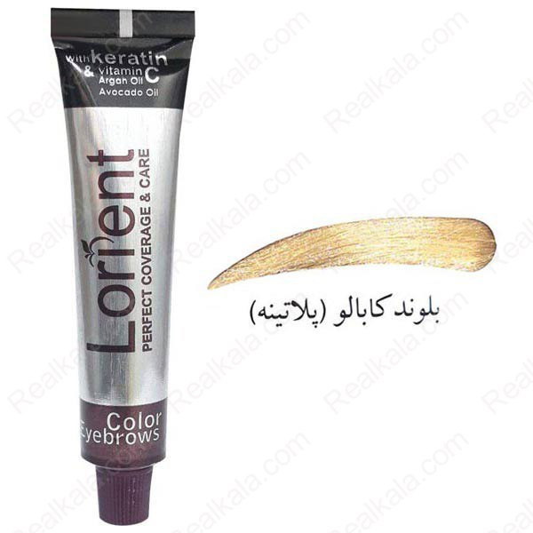 تیوپ رنگ ابرو لورینت 15 میل پایه 10 بلوند خیلی روشن پلاتینه در کنار نمونه بافت رنگ