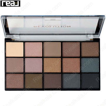 پالت سایه چشم رولوشن مدل Reloaded Smokey Neutrals دارای 15 رنگ پیگمنت‌دار با تناژ دودی, قهوه‌ای, طوسی و نود مناسب آرایش اسموکی روزانه و شب