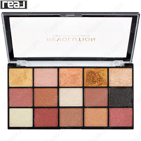 پالت سایه چشم رولوشن مدل Reloaded Affection دارای 15 رنگ پیگمنت‌دار با تناژ رزگلد, برنزی, صورتی و مشکی مناسب آرایش گرم و مجلسی
