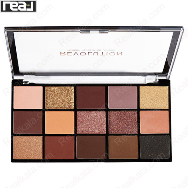 نمای باز پالت سایه چشم رولوشن سری Reloaded مدل Velvet Rose با ۱۵ رنگ گرم نود، رز، قهوه‌ای و طلایی در فینیش‌های مات و شاین