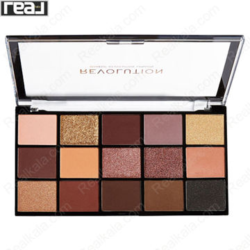 نمای باز پالت سایه چشم رولوشن سری Reloaded مدل Velvet Rose با ۱۵ رنگ گرم نود، رز، قهوه‌ای و طلایی در فینیش‌های مات و شاین