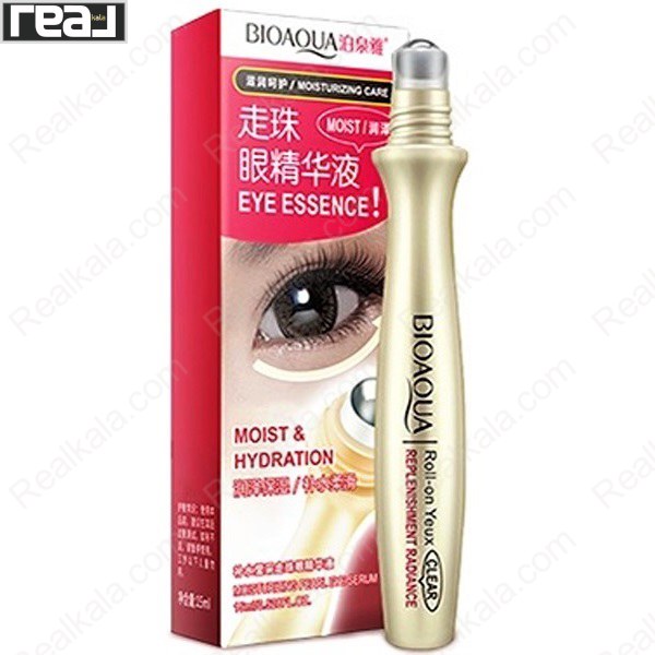 سرم دور چشم رولی مروارید بیوآکوا مدل Roll-on Eye Essence با جعبه محصول و طراحی رطوبت‌رسان
