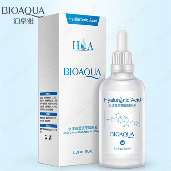 جعبه و بطری سرم هیالورونیک اسید بیوآکوا مدل Aqua Crystal Hyaluronic Acid با حجم 100 میلی‌لیتر