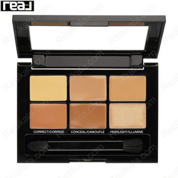 نمای داخلی پالت اصلاح رنگ Maybelline Master Camo شماره 03 Deep شامل شش رنگ مناسب برای اصلاح تیرگی، پوشش‌دهی لک‌ها و ایجاد هایلایت روی پوست‌های تیره