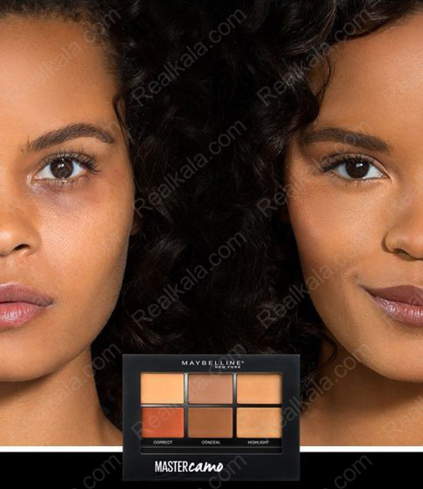 مقایسه قبل و بعد از استفاده از پالت اصلاح‌کننده رنگ Maybelline Master Camo شماره 03 Deep برای پوشاندن تیرگی‌ها، لک‌ها و یکنواخت‌سازی رنگ پوست‌های تیره