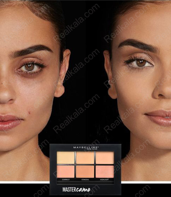 مقایسه قبل و بعد از استفاده از پالت اصلاح‌کننده رنگ Maybelline Master Camo شماره 02 Medium برای پوشاندن لک، تیرگی و ناهماهنگی رنگ پوست