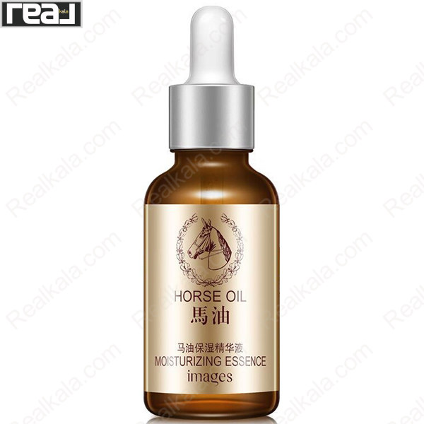 بطری سرم Images Horse Oil Moisturizing Essence با لیبل طلایی، قطره‌چکان سفید و طراحی ساده مخصوص آبرسانی پوست