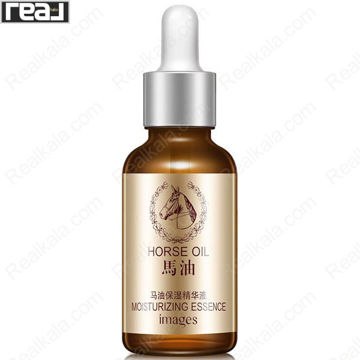 بطری سرم Images Horse Oil Moisturizing Essence با لیبل طلایی، قطره‌چکان سفید و طراحی ساده مخصوص آبرسانی پوست