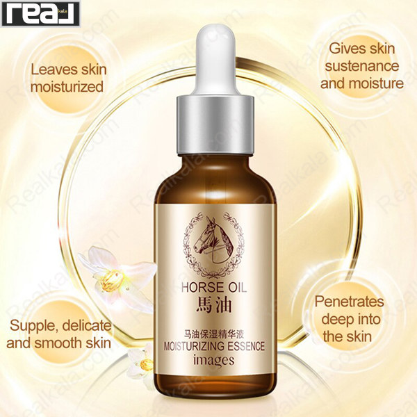 سرم Images Horse Oil Moisturizing Essence با تأکید تصویری بر نفوذپذیری، نرمی و حفظ رطوبت پوست