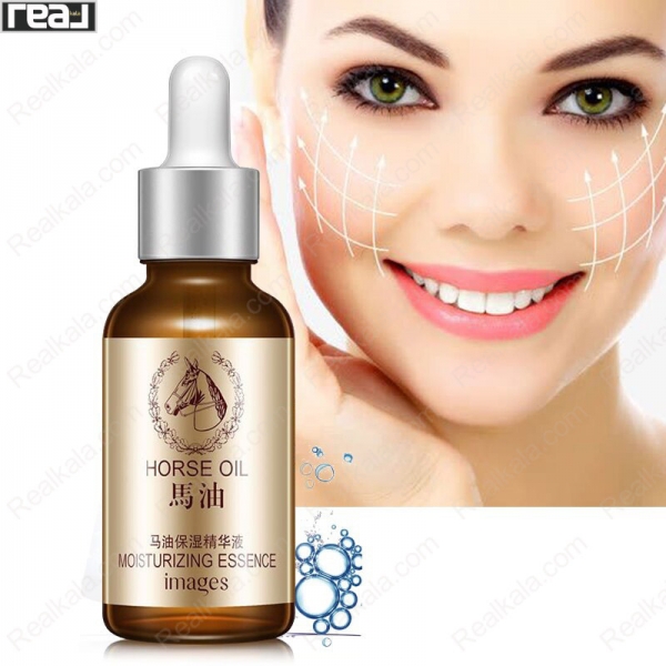 سرم مرطوب‌کننده Images Horse Oil با بطری شیشه‌ای قهوه‌ای و قطره‌چکان، طراحی شده برای حفظ رطوبت و نرمی پوست