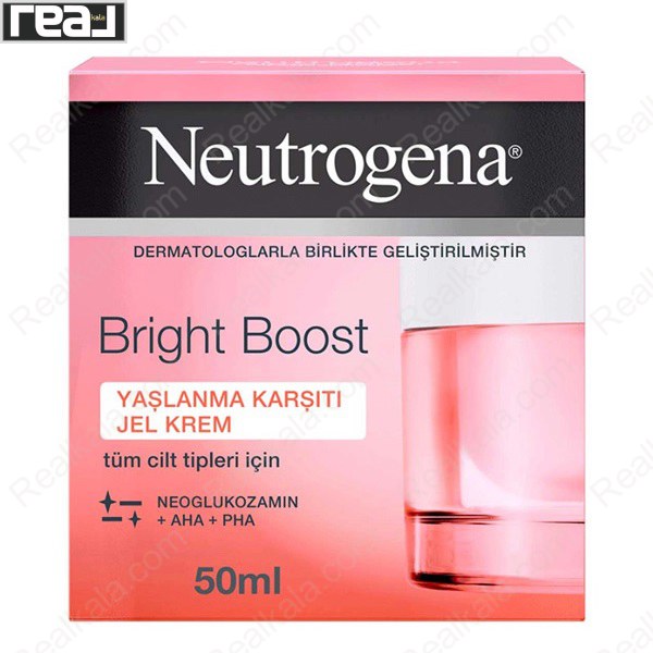 جعبه کرم ژل نوتروژینا Bright Boost ضدپیری با حجم ۵۰ میلی‌لیتر در بسته‌بندی صورتی