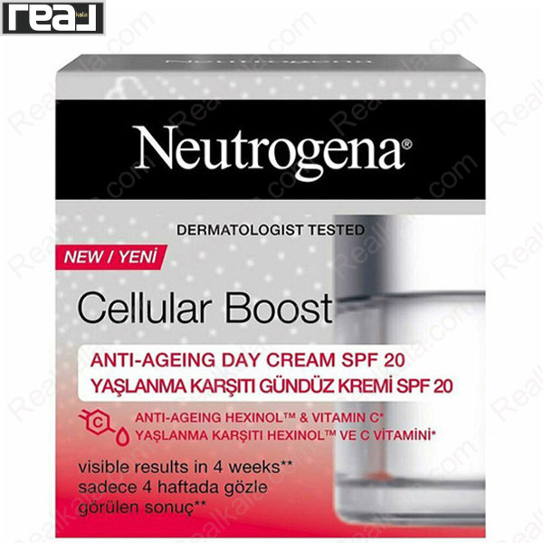 جعبه کرم روز نوتروژینا Cellular Boost ضدپیری با SPF ۲۰ در بسته‌بندی نقره‌ای و صورتی