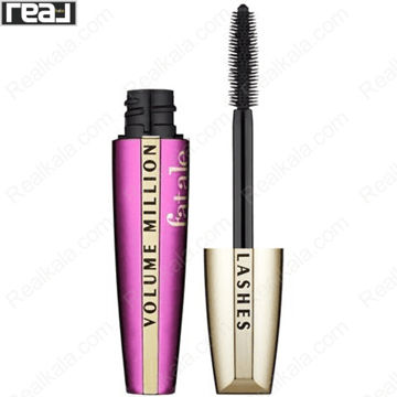 نمای کامل ریمل لورآل مدل Volume Million Lashes Fatale با طراحی صورتی و طلایی و برس مشکی