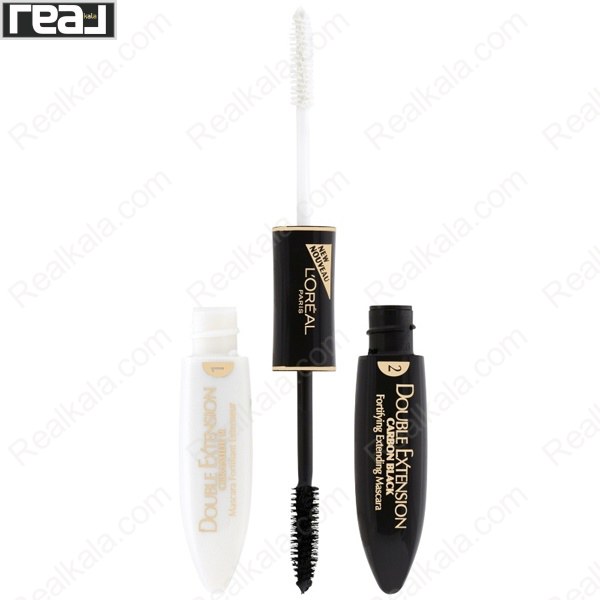 نمای کامل ریمل دوطرفه لورال مدل Double Extension با طراحی سفید و مشکی و دو برس مجزا