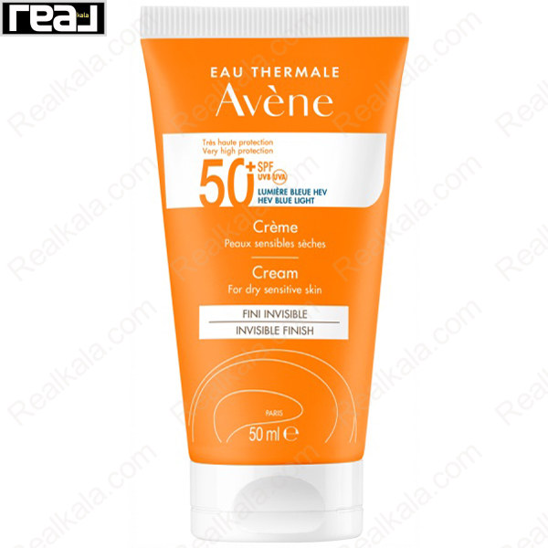تیوپ ضدآفتاب آون Avène Cream SPF50 پلاس مناسب پوست خشک و حساس، با فینیشر نامرئی، محافظت بسیار بالا در برابر UVA، UVB و نور آبی HEV و بافت کرمی ملایم