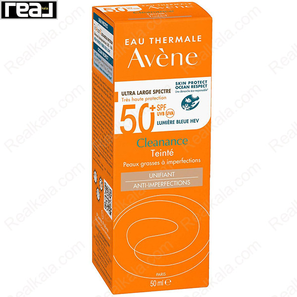 بسته‌بندی و جعبه کرم ضدآفتاب رنگی اون Avène Cleanance SPF50+ Tinted با تکنولوژی TriAsorB برای محافظت بسیار بالا در برابر اشعه‌های خورشید و نور آبی مضر HEV