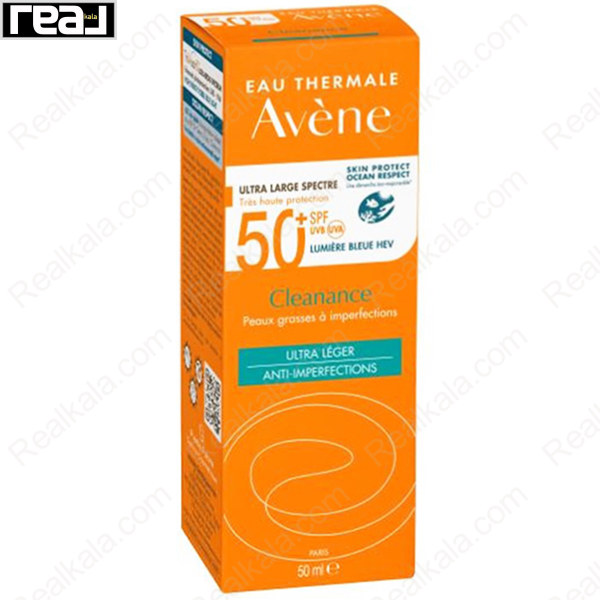 جعبه کرم ضدآفتاب اون +Avène Cleanance SPF50 مناسب پوست چرب و مستعد جوش با محافظت بسیار بالا در برابر UVA، UVB و نور آبی HEV و فرمول کنترل‌کننده چربی برای جلوگیری از ایجاد جوش و لک
