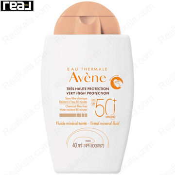 بطری ضدآفتاب مینرال رنگی آون Avène SPF50 مخصوص پوست‌های حساس و تحریک‌پذیر با پوشش طبیعی، فاقد فیلتر شیمیایی و مقاوم در برابر آب