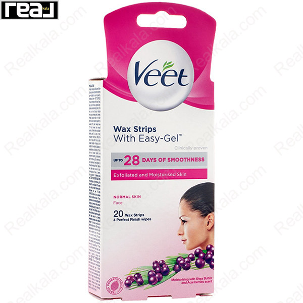 نوار وکس صورت Veet با Easy-Gel برای پوست نرمال، شامل 20 نوار و 4 دستمال Perfect Finish، پوست صاف و لایه‌برداری شده