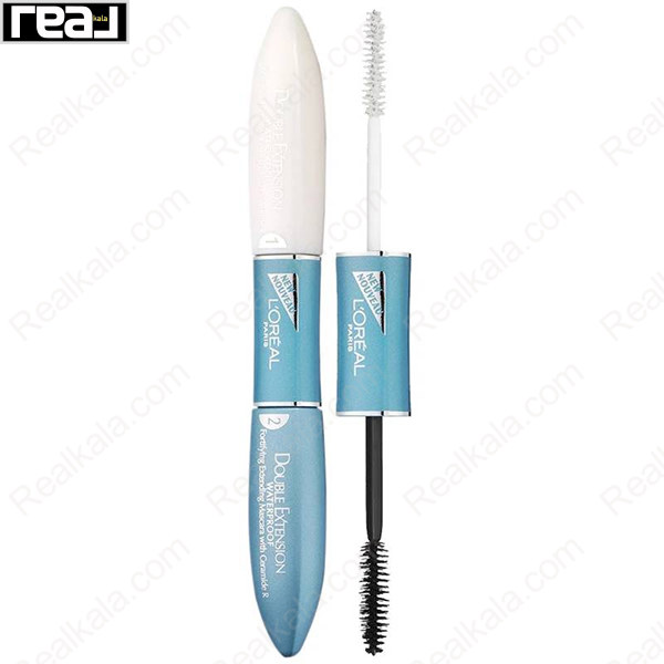 نمای کامل ریمل دوطرفه لورآل مدل Double Extension با دو برس و طراحی سفید و آبی