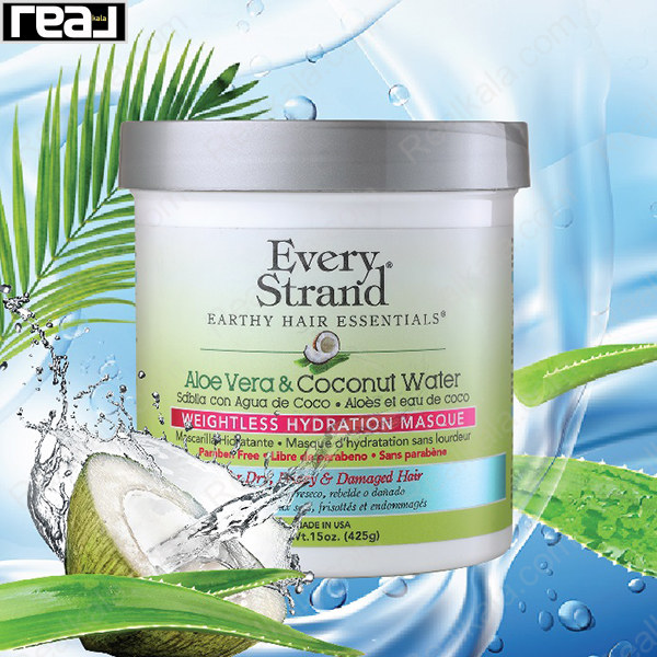 ماسک موی آبرسان Every Strand Aloe Vera & Coconut Water مدل Weightless Hydration Masque مناسب موهای خشک، وز و آسیب‌دیده با فرمول سبک و فاقد پارابن حجم 425 گرم
