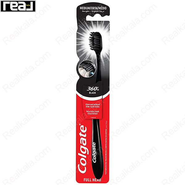 بسته‌بندی مسواک Colgate 360 Black Full Head با الیاف زغالی Slim Tip متوسط
