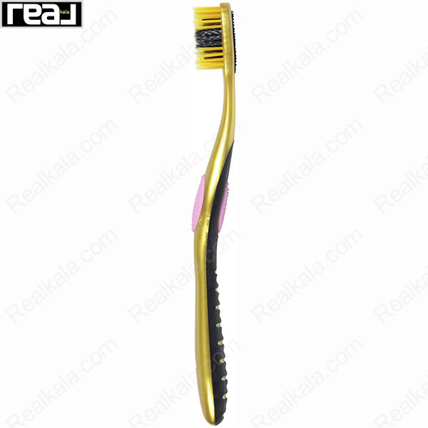 نمای جانبی مسواک Colgate 360 Charcoal Gold با دسته ضدلغزش و سری کامپکت