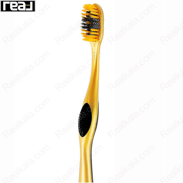 نمای کامل مسواک Colgate 360 Charcoal Gold با طراحی ارگونومیک و دسته طلایی