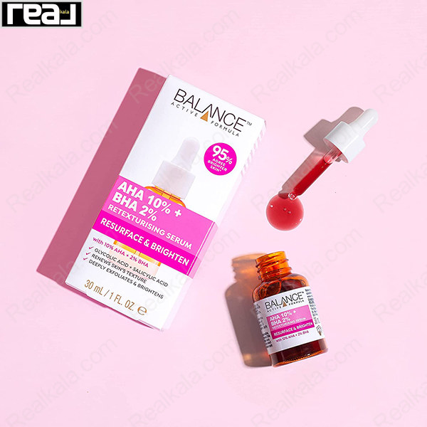 تصویر کامل از سرم لایه‌بردار Balance Active Formula AHA 10% + BHA 2% به همراه جعبه محصول و قطره‌چکان حاوی سرم قرمز رنگ