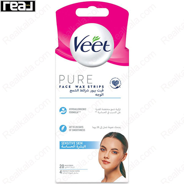 نوار وکس صورت Veet PURE حساس با فرمول هیپوآلرژنیک برای تا 28 روز صاف ماندن پوست و 20 نوار و 4 دستمال
