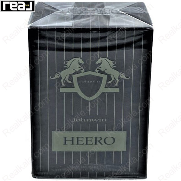 شیشه و جعبه ادکلن جانوین هیرو مردانه با طراحی مشکی و لیبل نقره‌ای HEERO