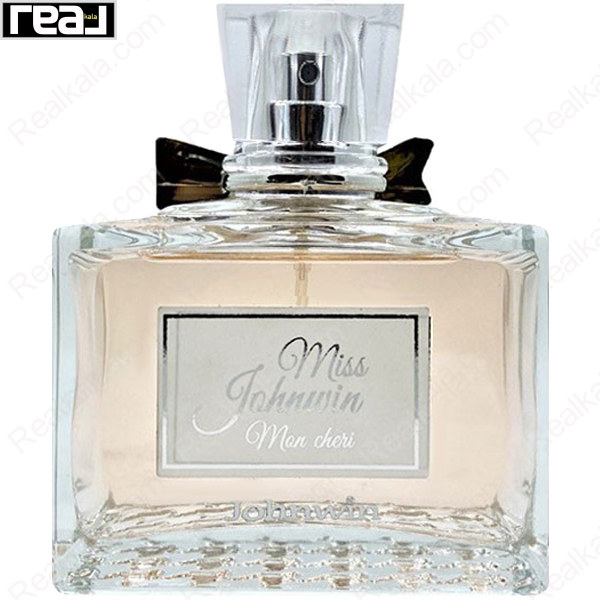 ادکلن جانوین میس جانوین مون شری زنانه با شیشه شفاف، مایع صورتی و پاپیون مشکی