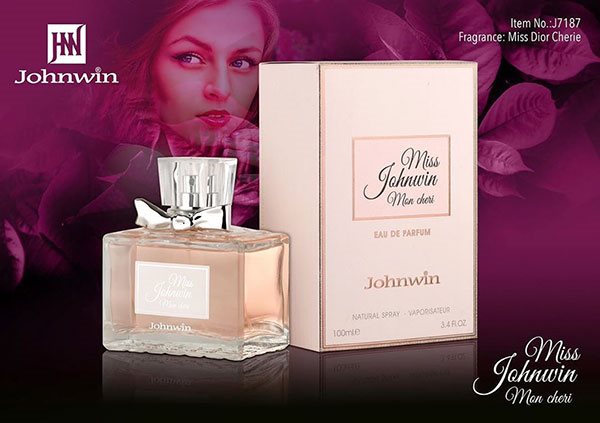 شیشه و جعبه ادکلن جانوین میس جانوین مون شری زنانه با طراحی صورتی و فونت فانتزی