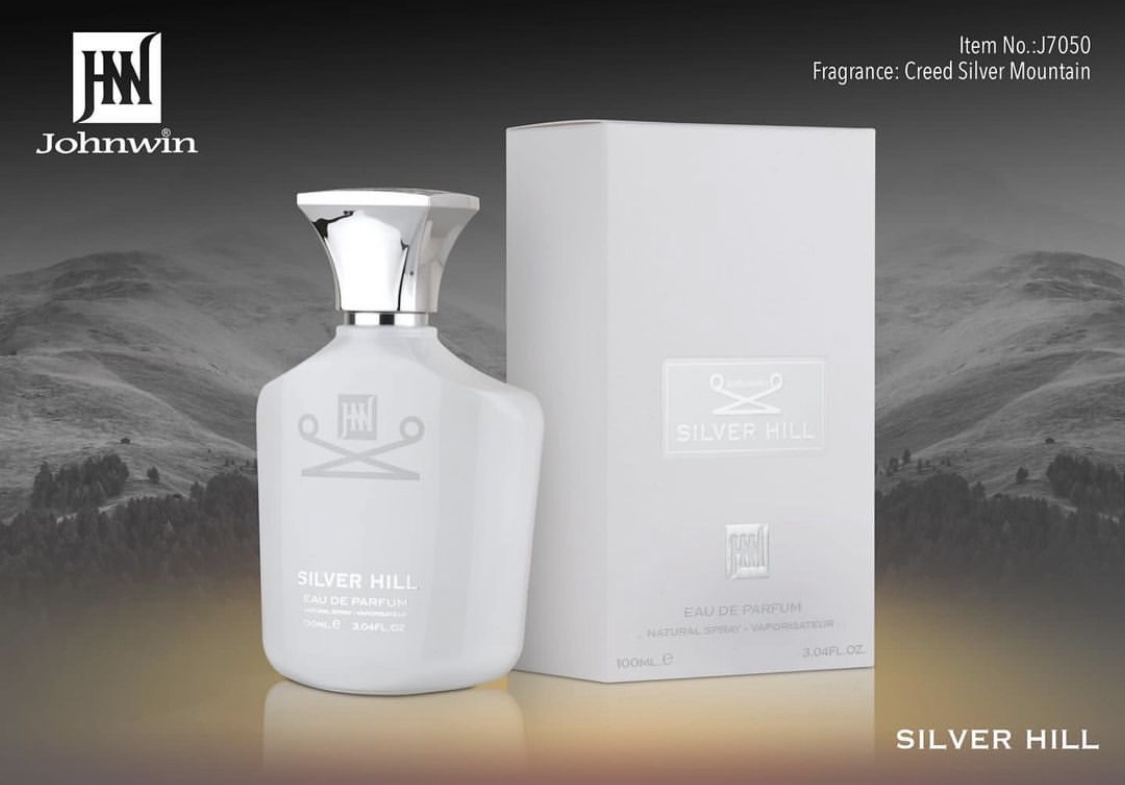 شیشه و جعبه ادکلن جانوین سیلور هیل مردانه با طراحی کوهستانی و فونت ساده SILVER HILL