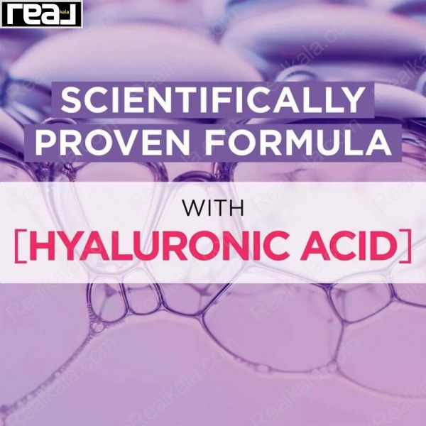 تصویر تبلیغاتی با حباب‌های بنفش و متن "Scientifically Proven Formula with Hyaluronic Acid"