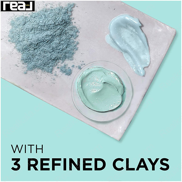 تصویر سه نوع خاک رس پالایش‌شده شامل پودر آبی، خمیر سبز و خمیر آبی